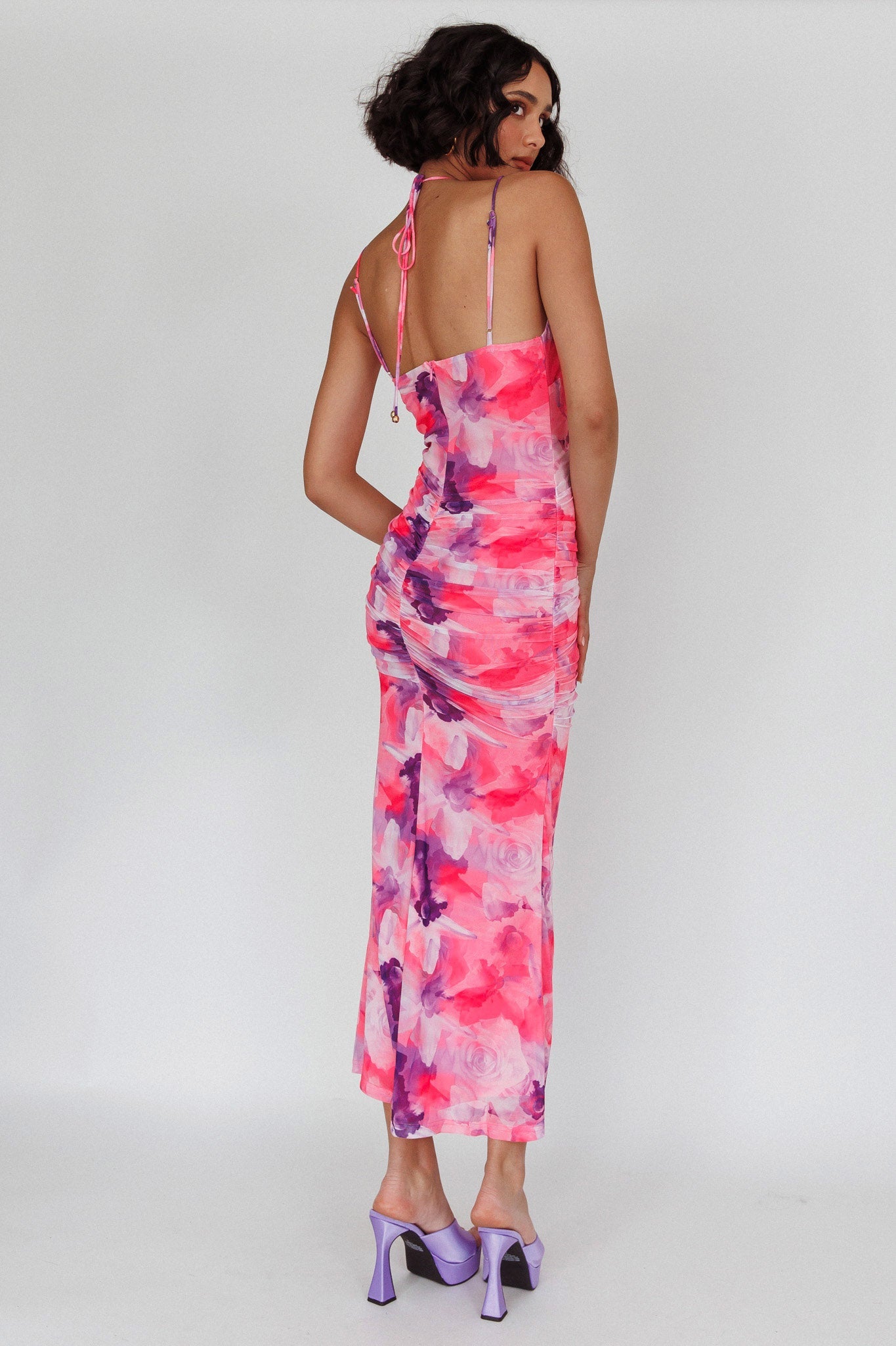 Gypsy Garden Laced Bodice Ruched Midi Dress Pink
