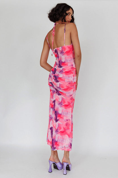 Gypsy Garden Laced Bodice Ruched Midi Dress Pink