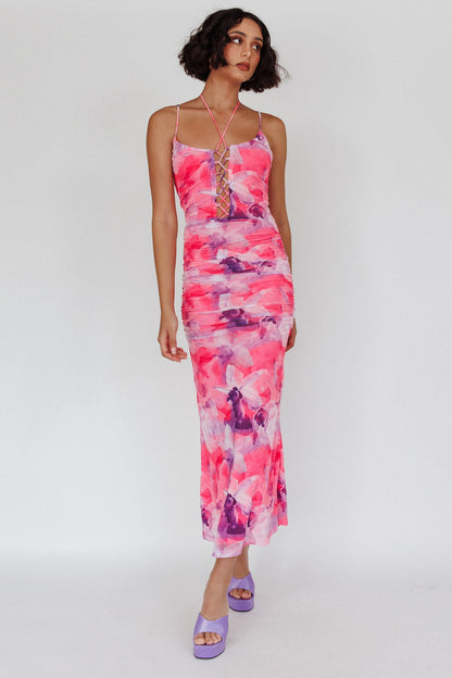 Gypsy Garden Laced Bodice Ruched Midi Dress Pink