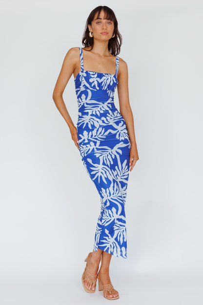 Hawaiian Sun Ruched Bust Midi Dress Print Blue