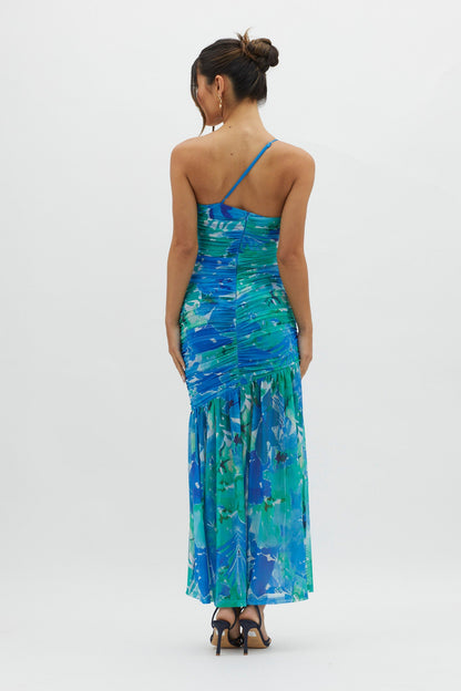 Golden Sun One-Shoulder Ruched Maxi Dress Green