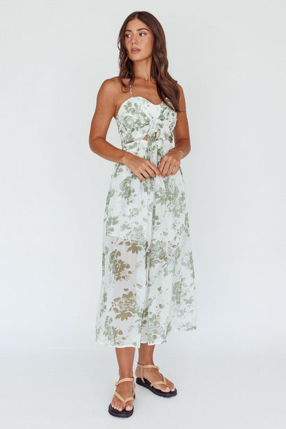 Los Feliz Tied Bust Halterneck Midi Dress Floral Green