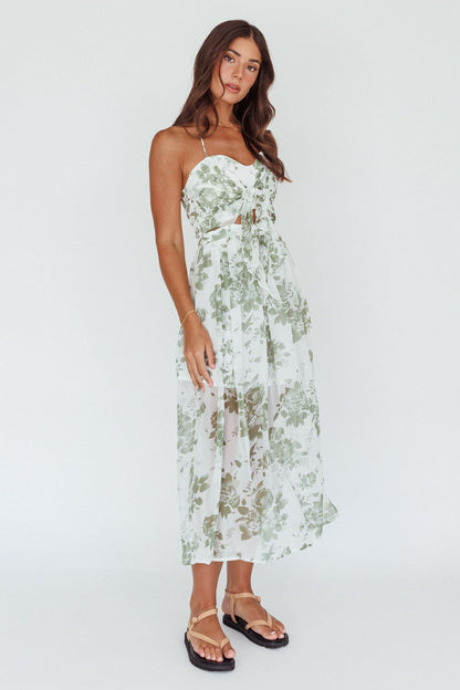 Los Feliz Tied Bust Halterneck Midi Dress Floral Green