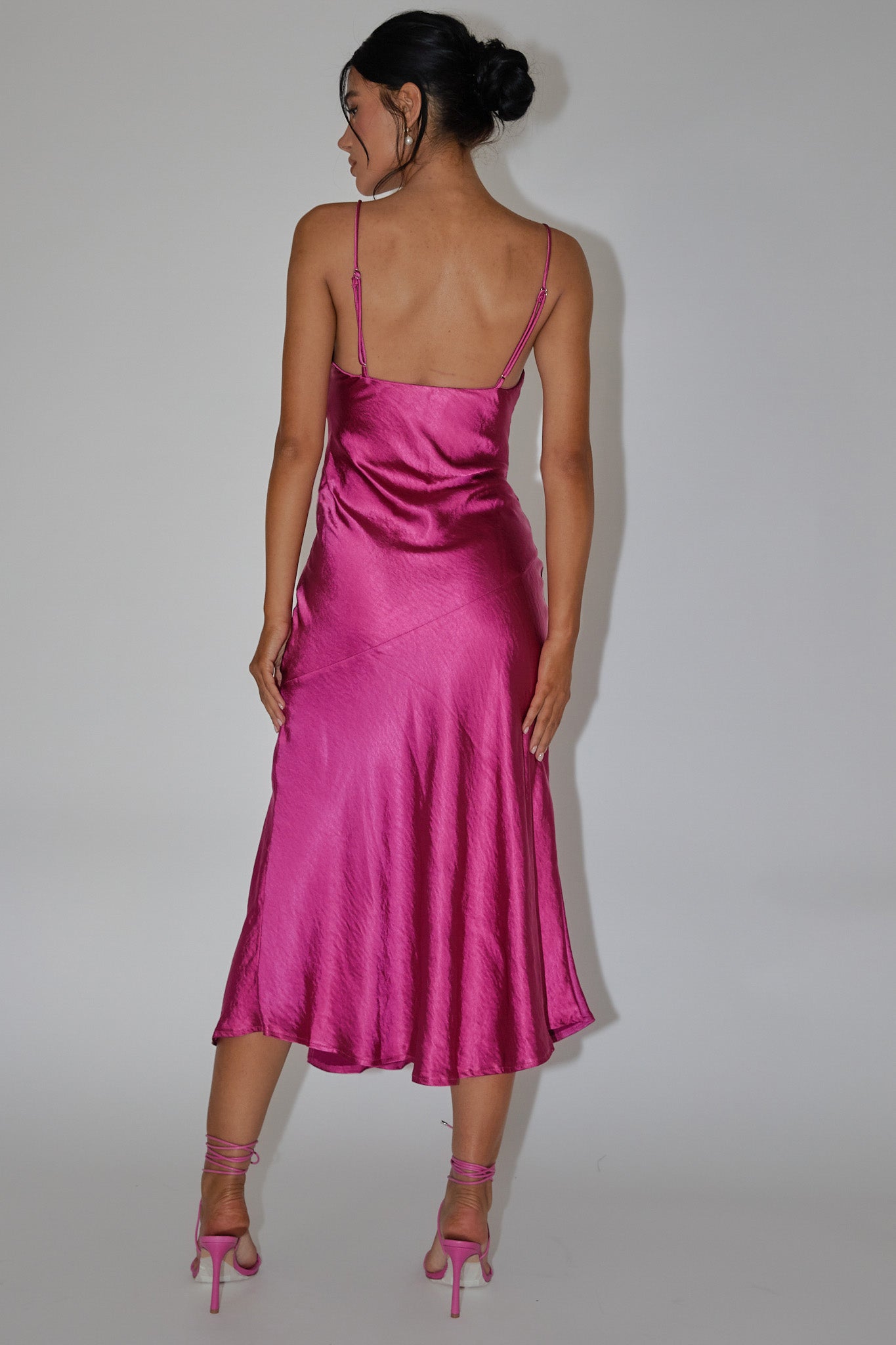 Downtown Cami Strap Front Split Midi Dress Fuchsia
