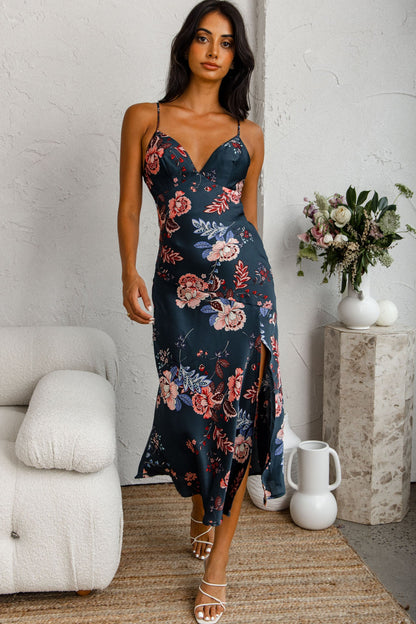 Downtown Cami Strap Front Split Midi Dress Oriental Flower Print Forest Green