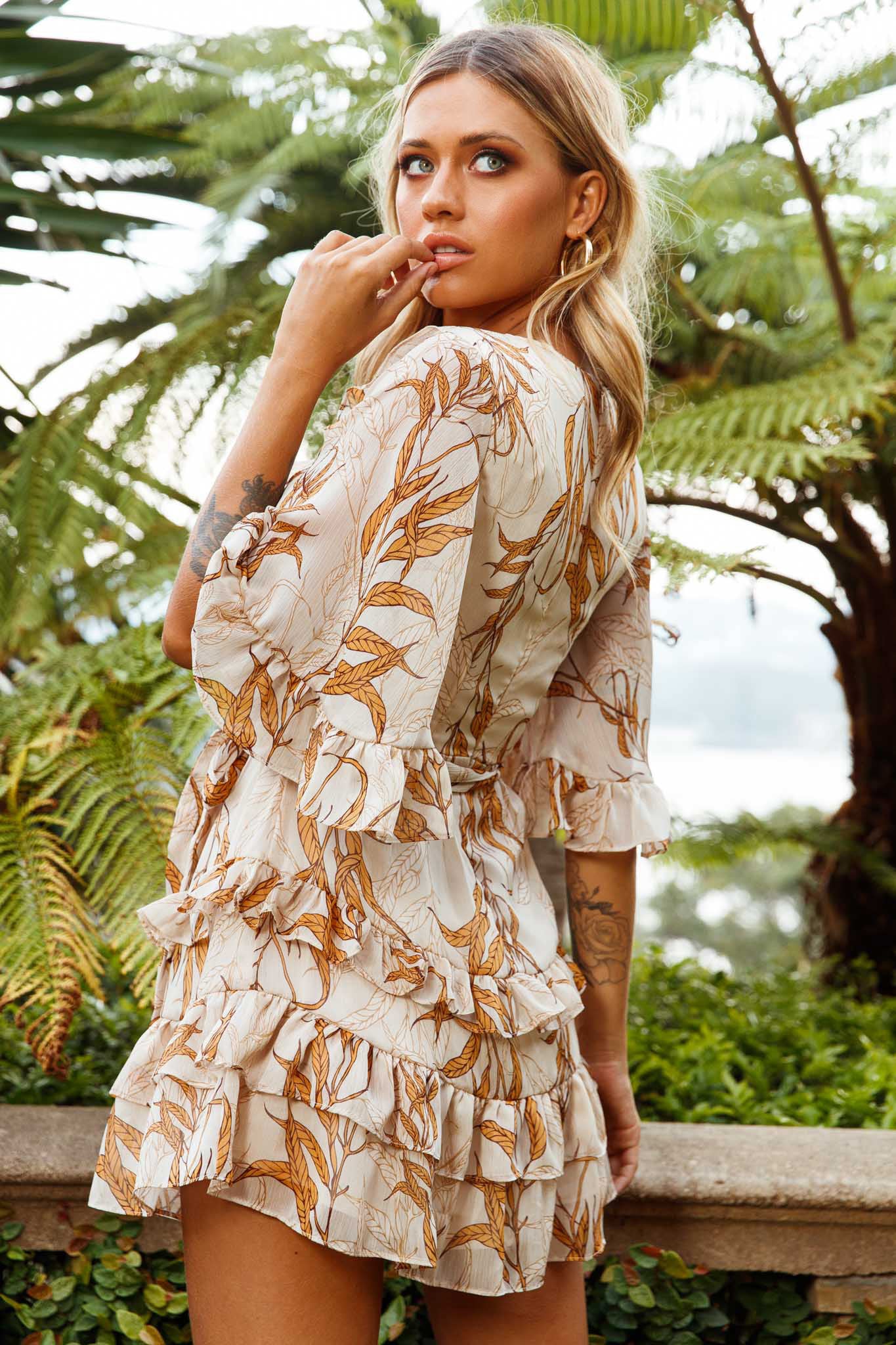 Time Will Tell Angel Sleeve Frill Detail Dress Leaf Print Beige