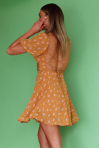 Full Hearts Lace-Up Waist Dress Floral Orange