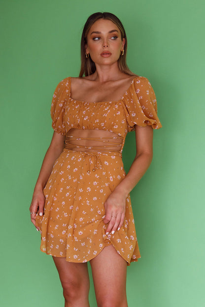 Full Hearts Lace-Up Waist Dress Floral Orange