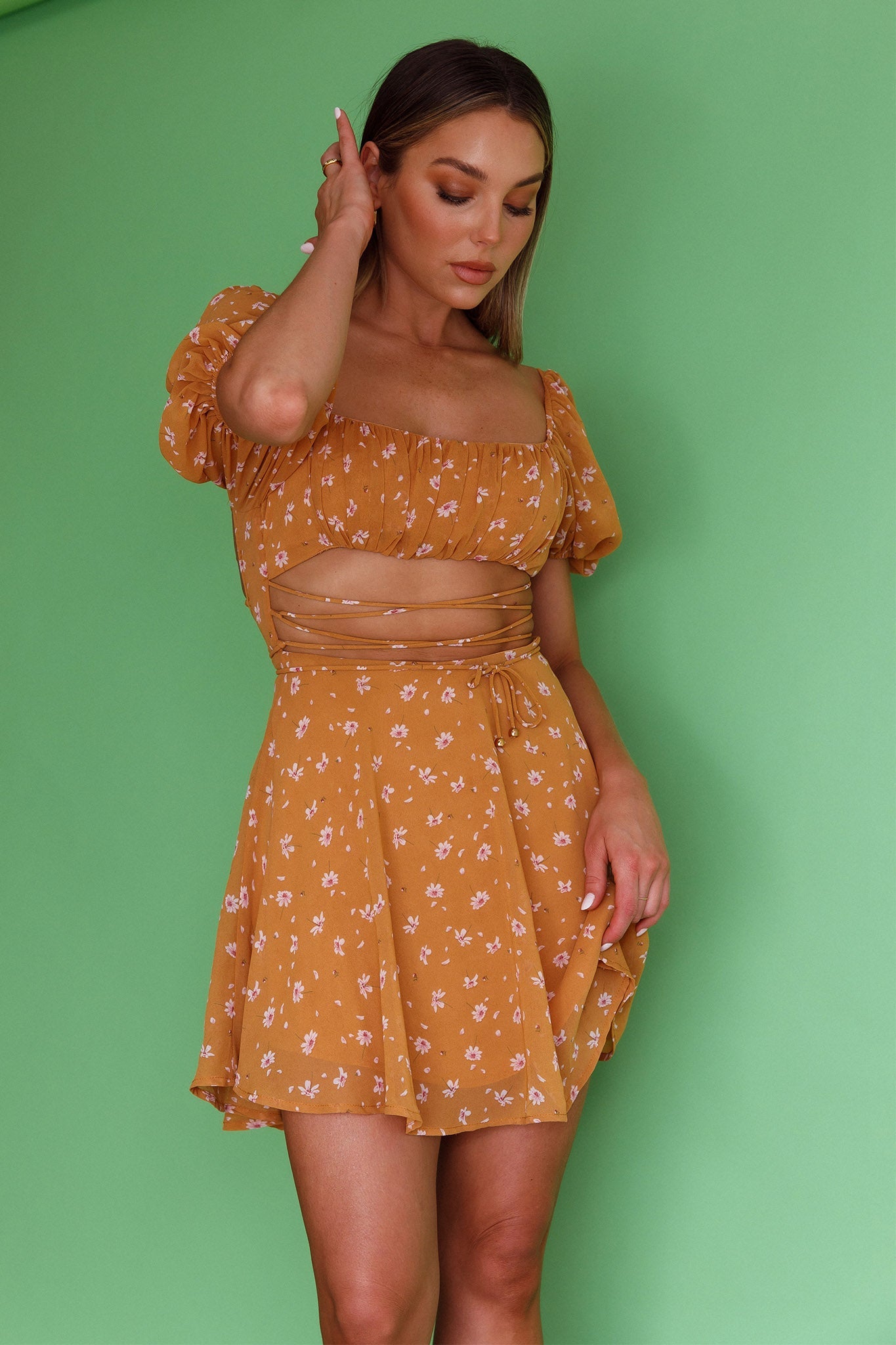 Full Hearts Lace-Up Waist Dress Floral Orange