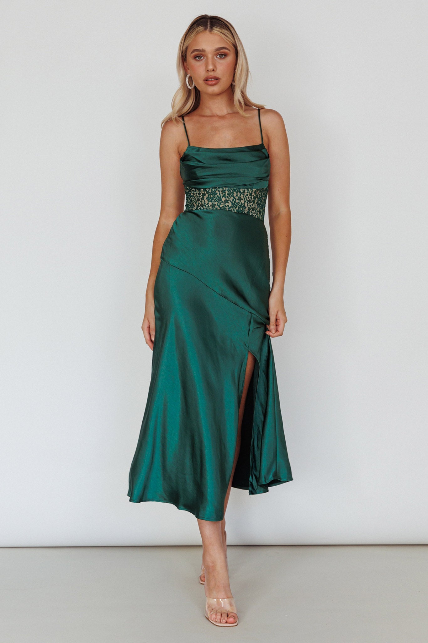 Golden Era Cowl Neck Lace Waist Midi Dress Jade