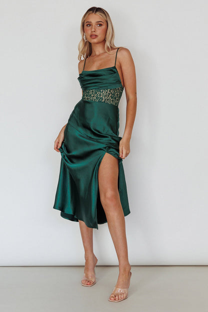 Golden Era Cowl Neck Lace Waist Midi Dress Jade