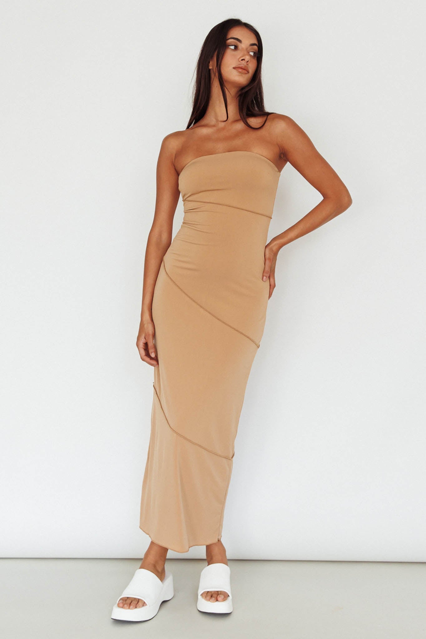 Making Headlines Strapless Midi Dress Camel