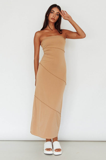 Making Headlines Strapless Midi Dress Camel