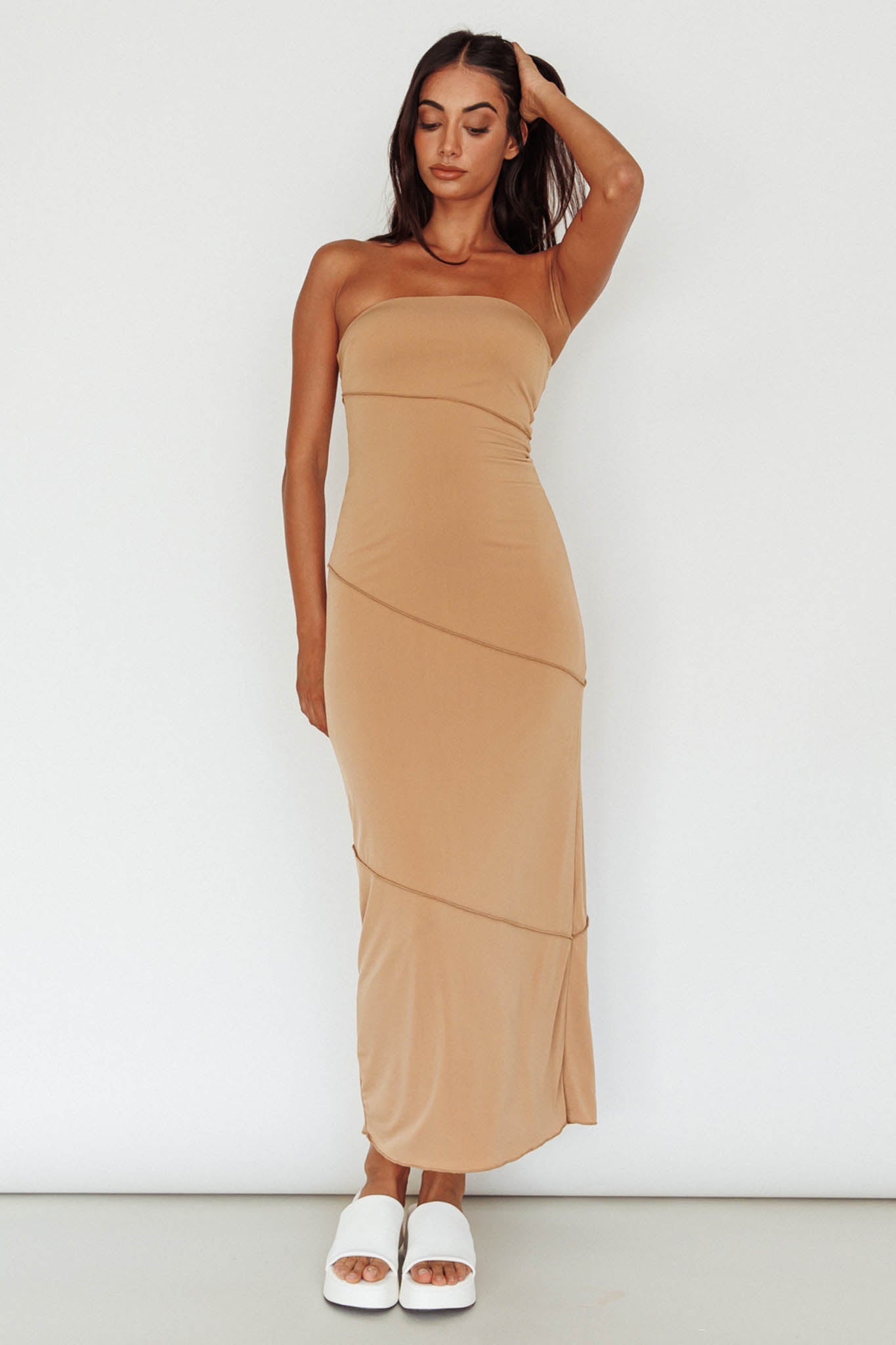 Making Headlines Strapless Midi Dress Camel