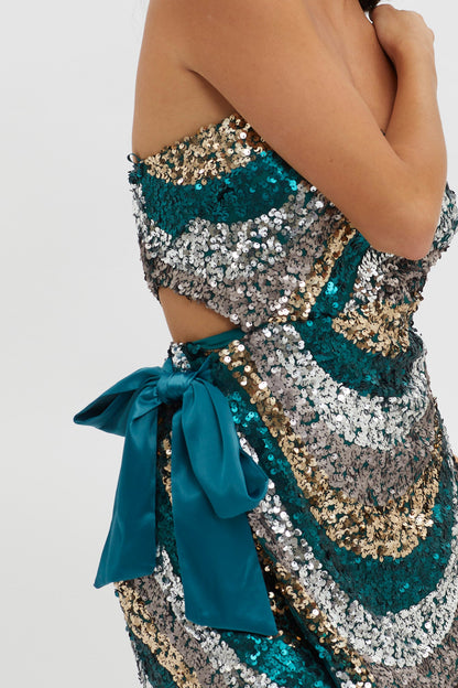 Eyes For You Waist Tie Mini Dress Sequin Green