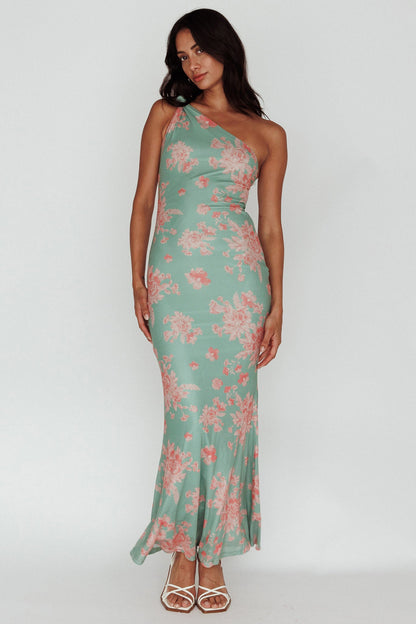 Portland One-Shoulder Jersey Maxi Dress Floral Green
