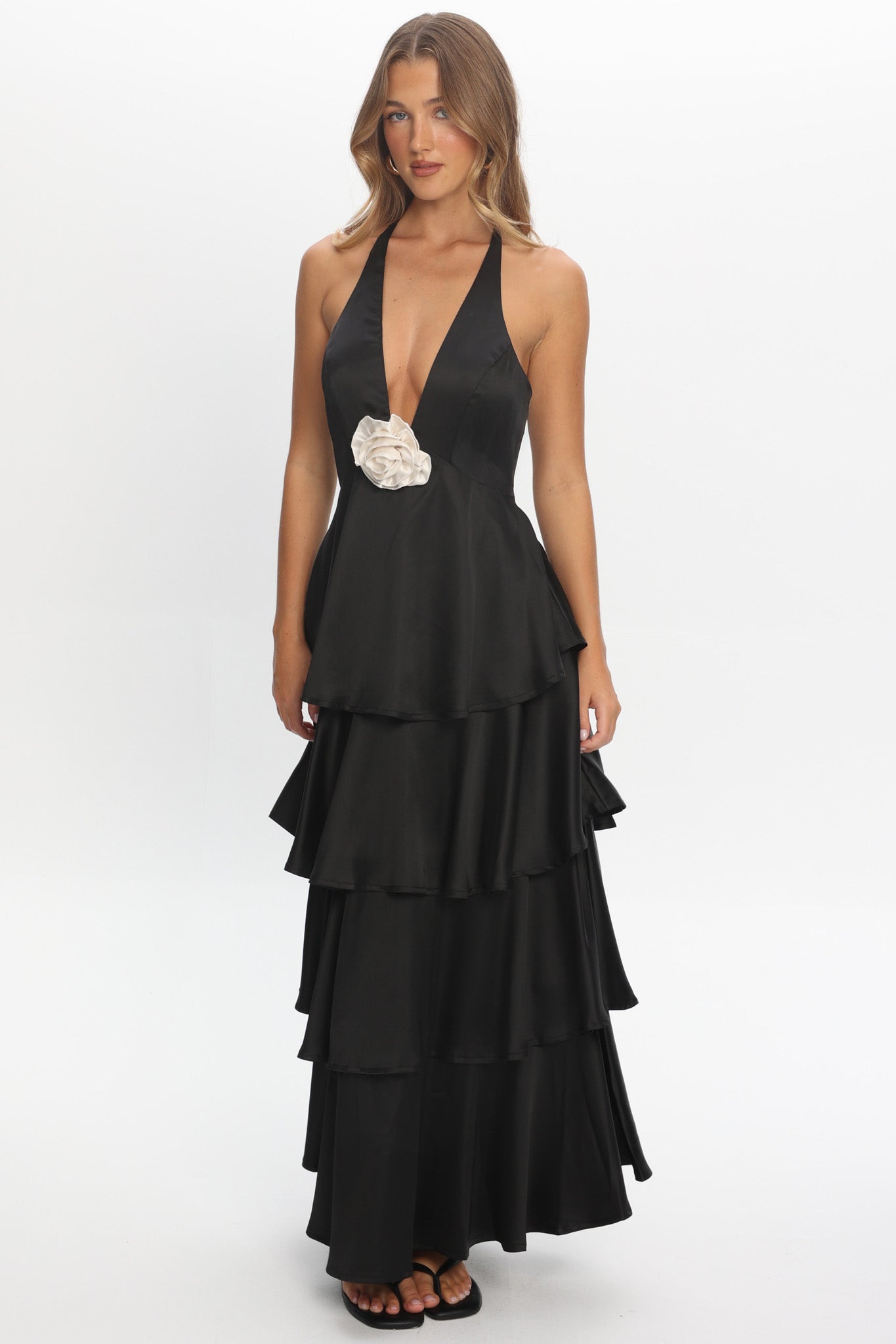 Catalina Tiered Ruffle Rosette Maxi Dress Black