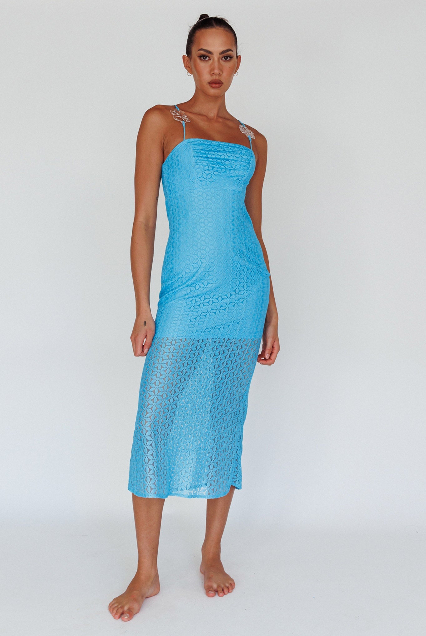 Lazy Daisy Flower Strap Midi Dress Blue