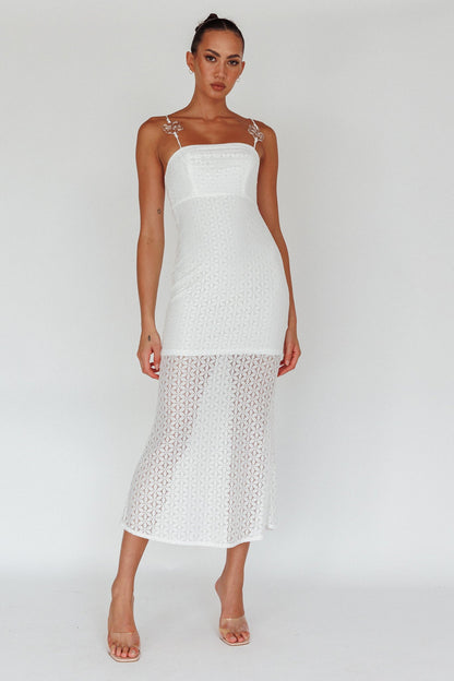 Lazy Daisy Flower Strap Midi Dress White