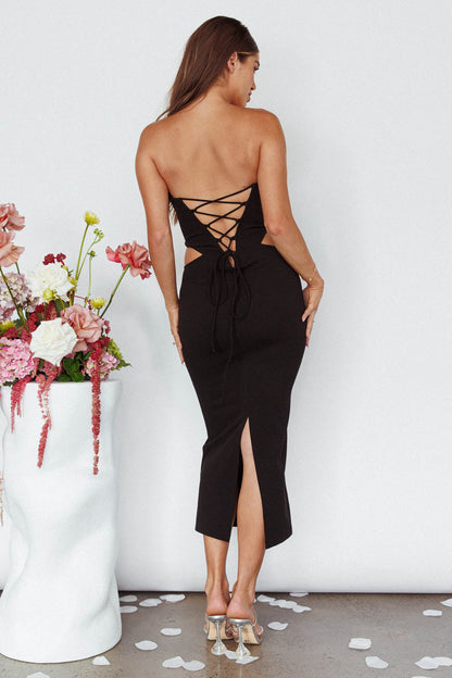 Dragonfly Lace-up Back Midi Dress Black