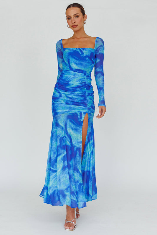 Apryl Long Sleeve Lace-Up Back Maxi Dress Blue