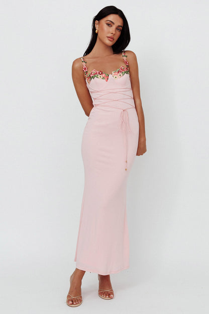 Rose Garden Floral Applique Laced Midi Dress Baby Pink