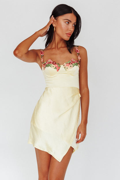 Rose Garden Floral Applique Wrap Mini Dress Lemon