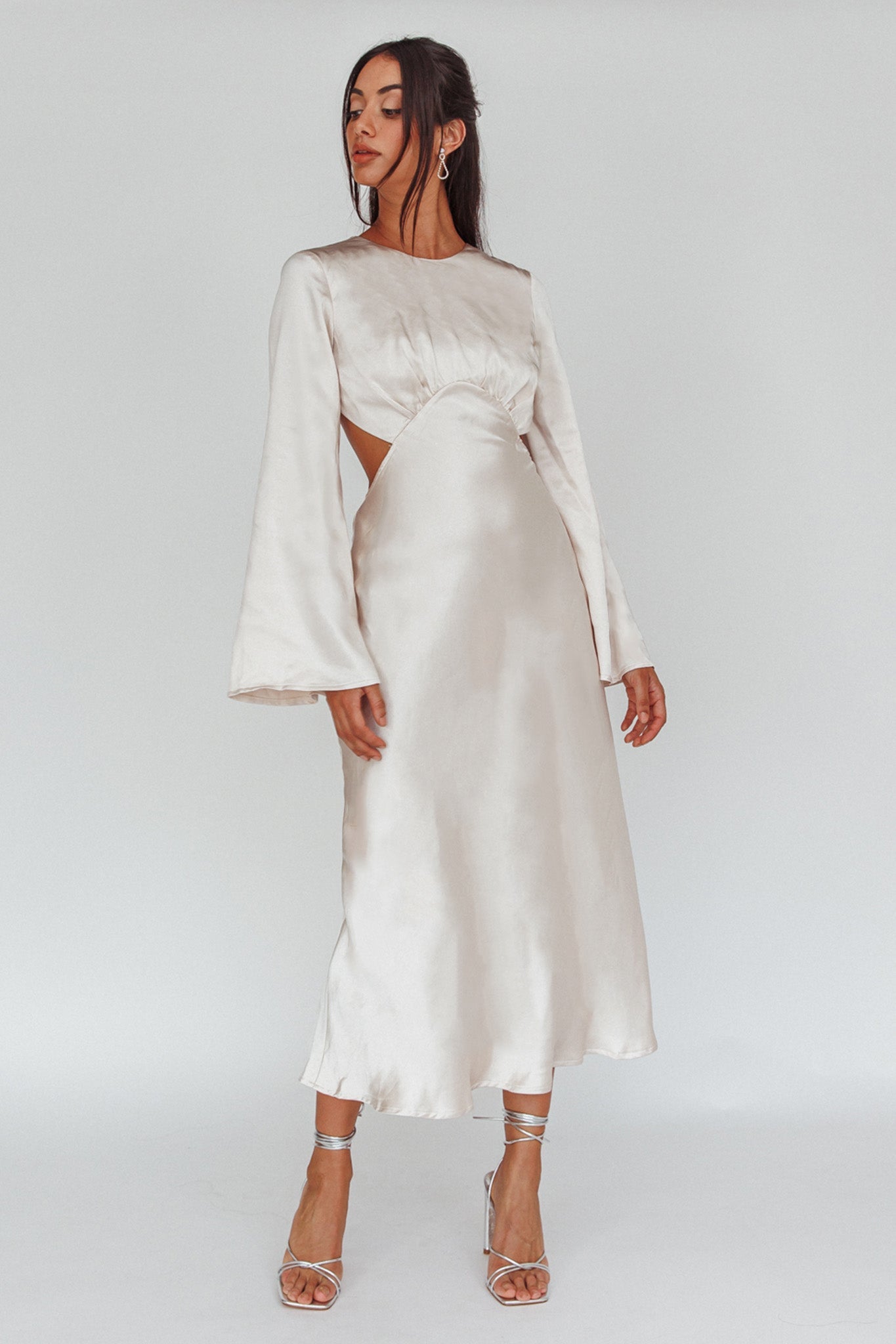 Doting Bell Sleeve Cut-Out Midi Dress Champagne