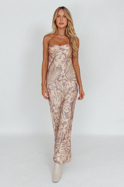 Kona Cowl Back Midi Dress Floral Beige