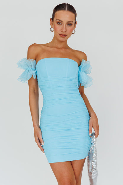 Star Dust Off-Shoulder Frill Sleeve Mini Dress Baby Blue