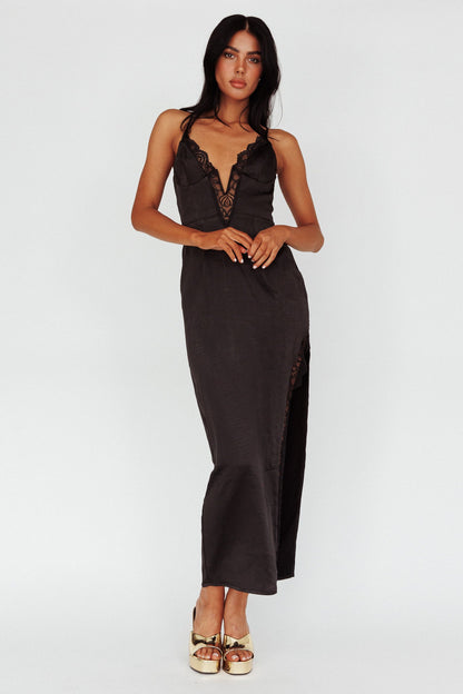Salma Lace V-Neckline Midi Dress Black