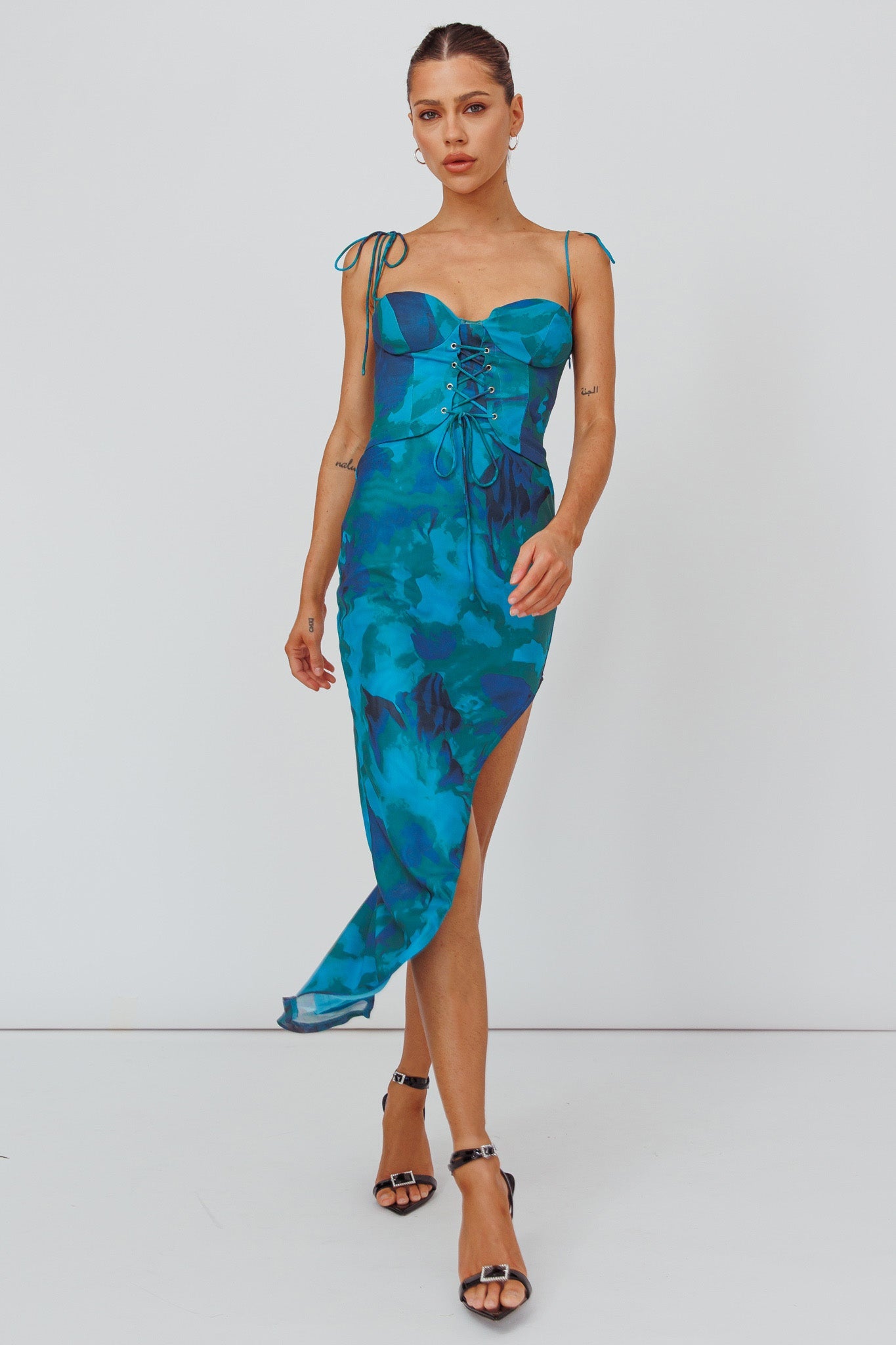 Gabrielle Laced Bodice Midi Dress Floral Green