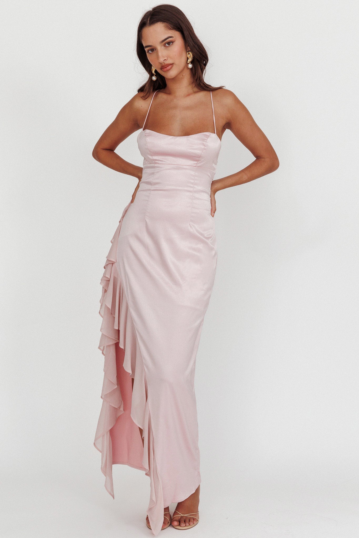 Katarina Satin Ruffle Hem Maxi Dress Cheek