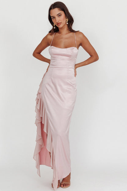 Katarina Satin Ruffle Hem Maxi Dress Cheek