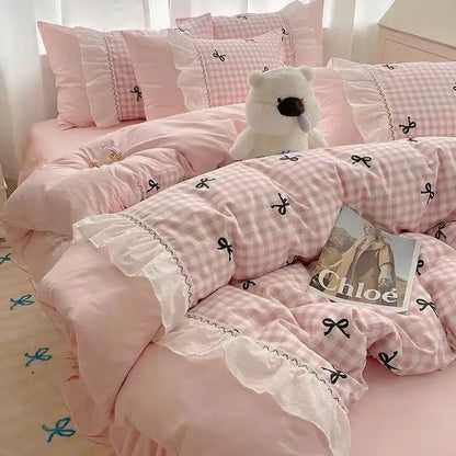 Fashion Lattice Bedding Set Bed Sheet Cute Princess AB Double Sided Ruffle Flower Quilt Cover Pillowcase Bedclothes Home Textile