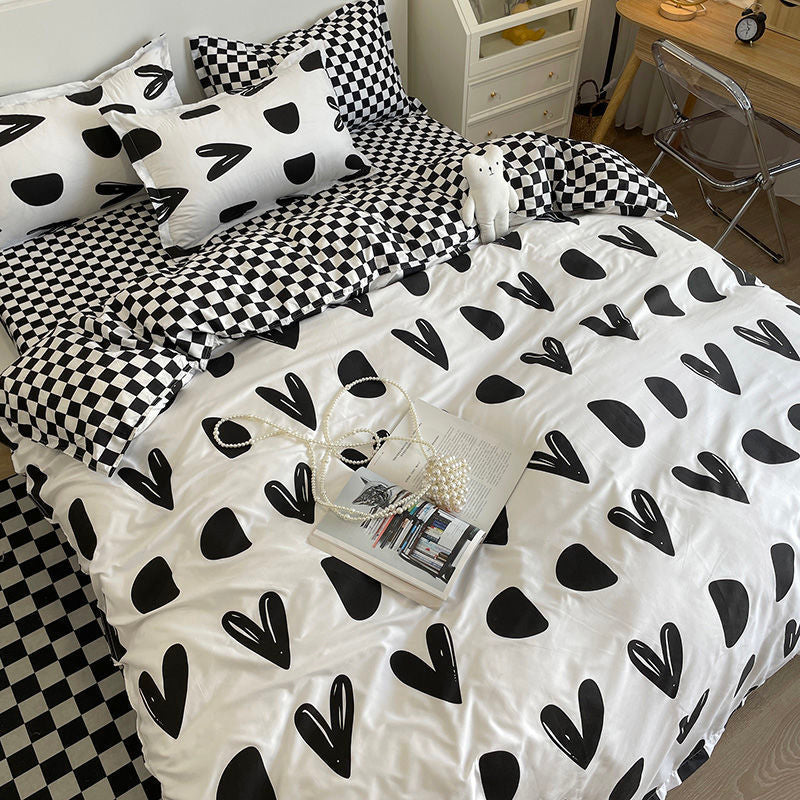Fashion Bedding Set White Green Double Bed Linens Nordic Duvet Cover Pillowcase Queen Size Flat Sheet Classic Grid Kids Winter