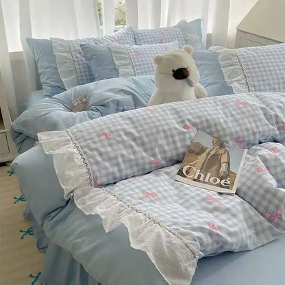 Fashion Lattice Bedding Set Bed Sheet Cute Princess AB Double Sided Ruffle Flower Quilt Cover Pillowcase Bedclothes Home Textile
