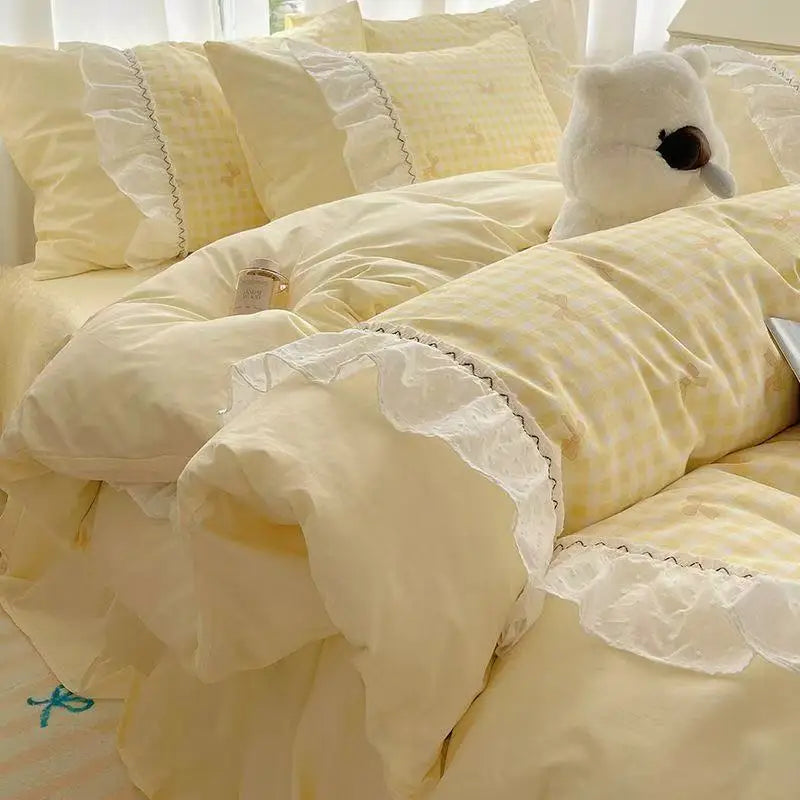 Fashion Lattice Bedding Set Bed Sheet Cute Princess AB Double Sided Ruffle Flower Quilt Cover Pillowcase Bedclothes Home Textile