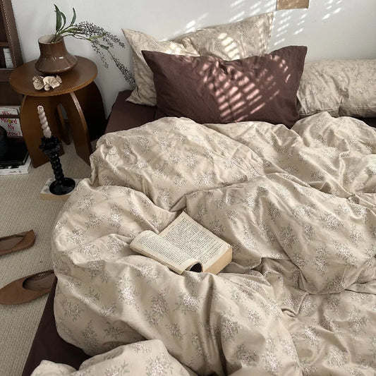 Floral Cotton Bedding Set Vintage Ins Fitted Sheet Duvet Cover Pillowcase Full Queen Size Boy Girls Dormitory Hotel Bedclothes