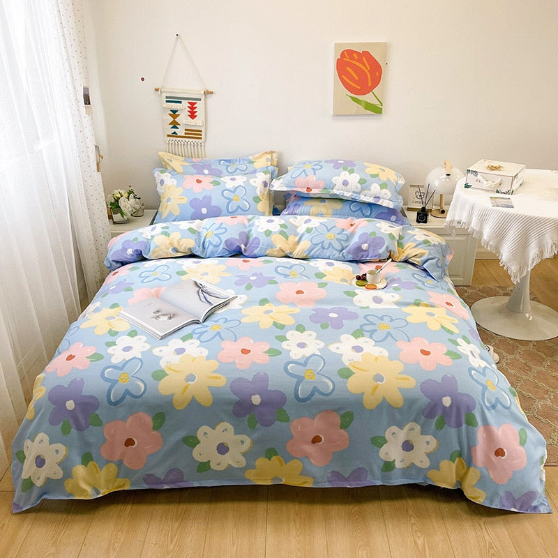 Floral Print Brushed Home Bedding Set Simple Fresh Comfortable Duvet Cover Set with Sheet Comforter Covers Pillowcases Bed Linen