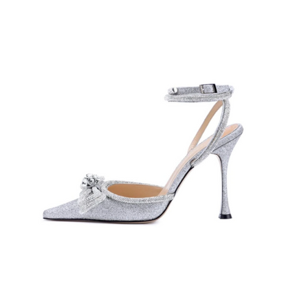 Butterfly-Knot Rhinestone Flower Pointed Toe Stiletto Pumps
