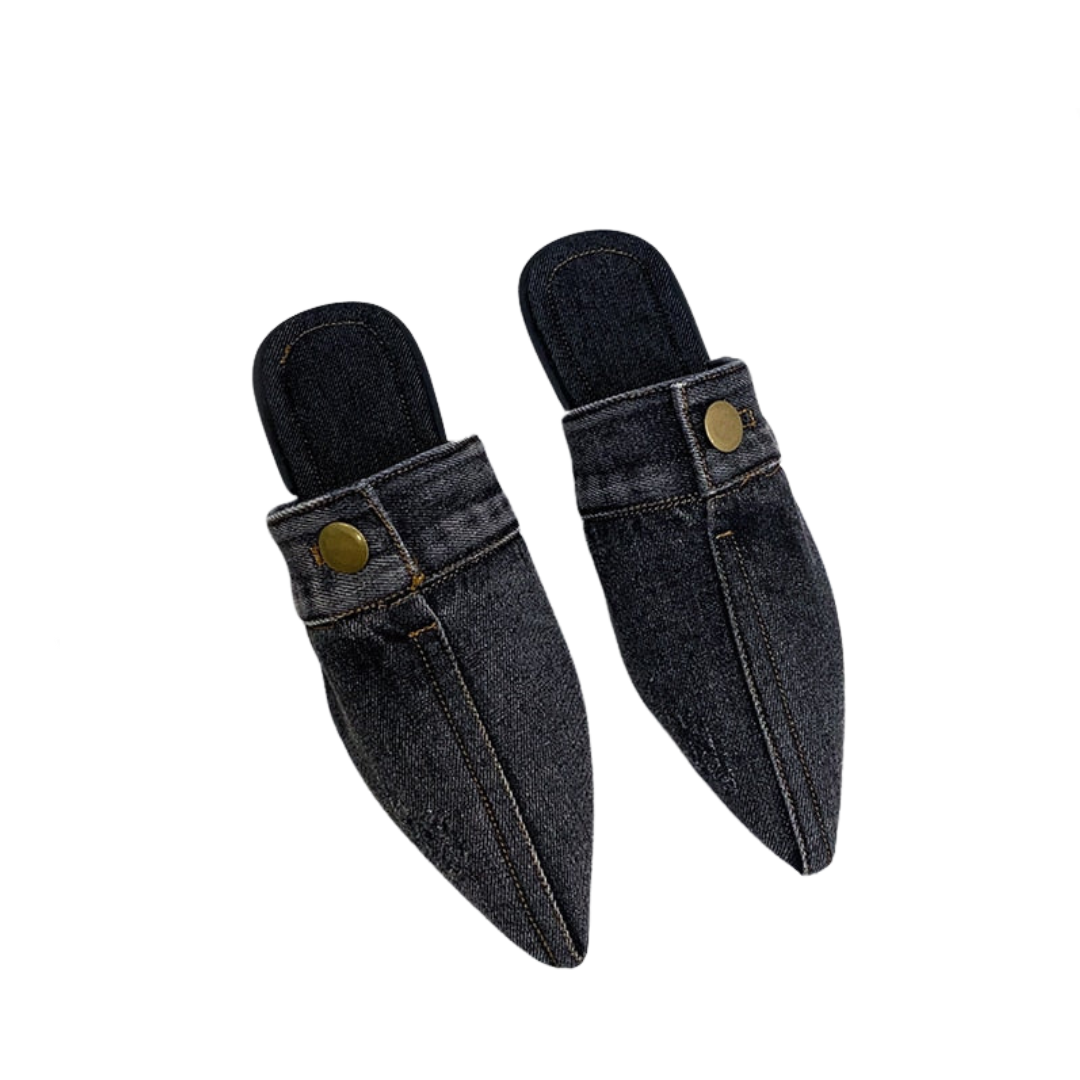 Denim Pointed Toe Flat Mules