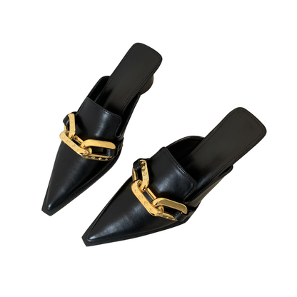 Metal Chain Pointed Toe Block Heel Sandals