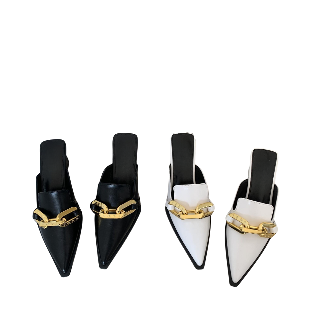 Metal Chain Pointed Toe Block Heel Sandals
