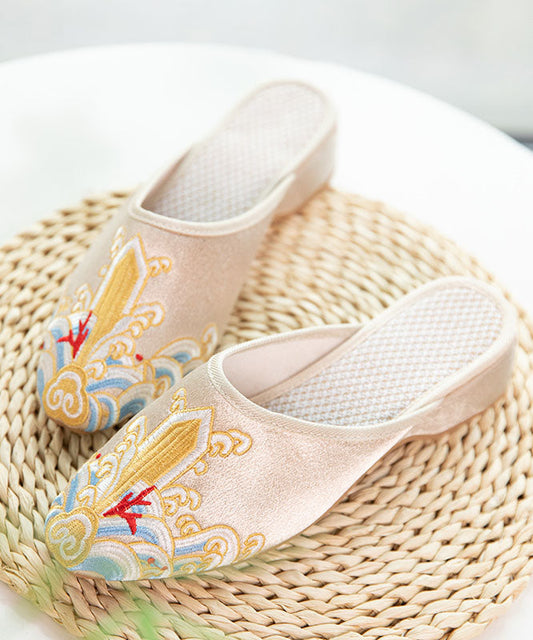 Gold Satin Slide Sandals Splicing Pointed Toe Embroideried Women