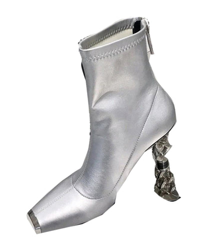 New Versatile Silver Zipper Metal Heterotypic High Heel Boots