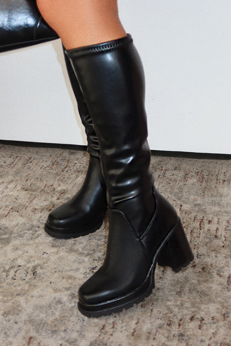 Addie Lug Sole Block Heel Boots - Black