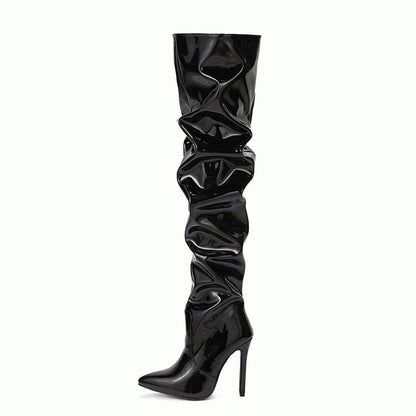 High Quality Pleated Patent Leather Motorcycle Over The Knee Boots