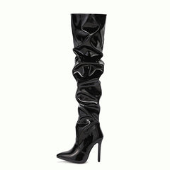 High Quality Pleated Patent Leather Motorcycle Over The Knee Boots