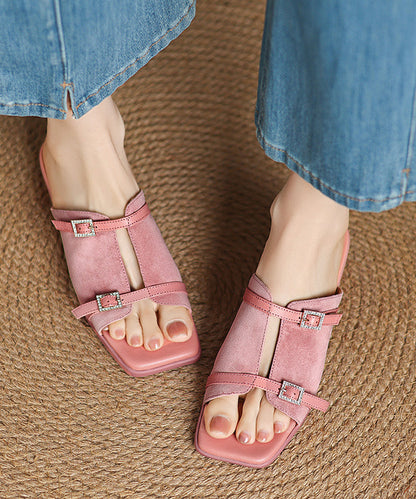 Handmade Splicing Chunky Pink Suede Slide Sandals